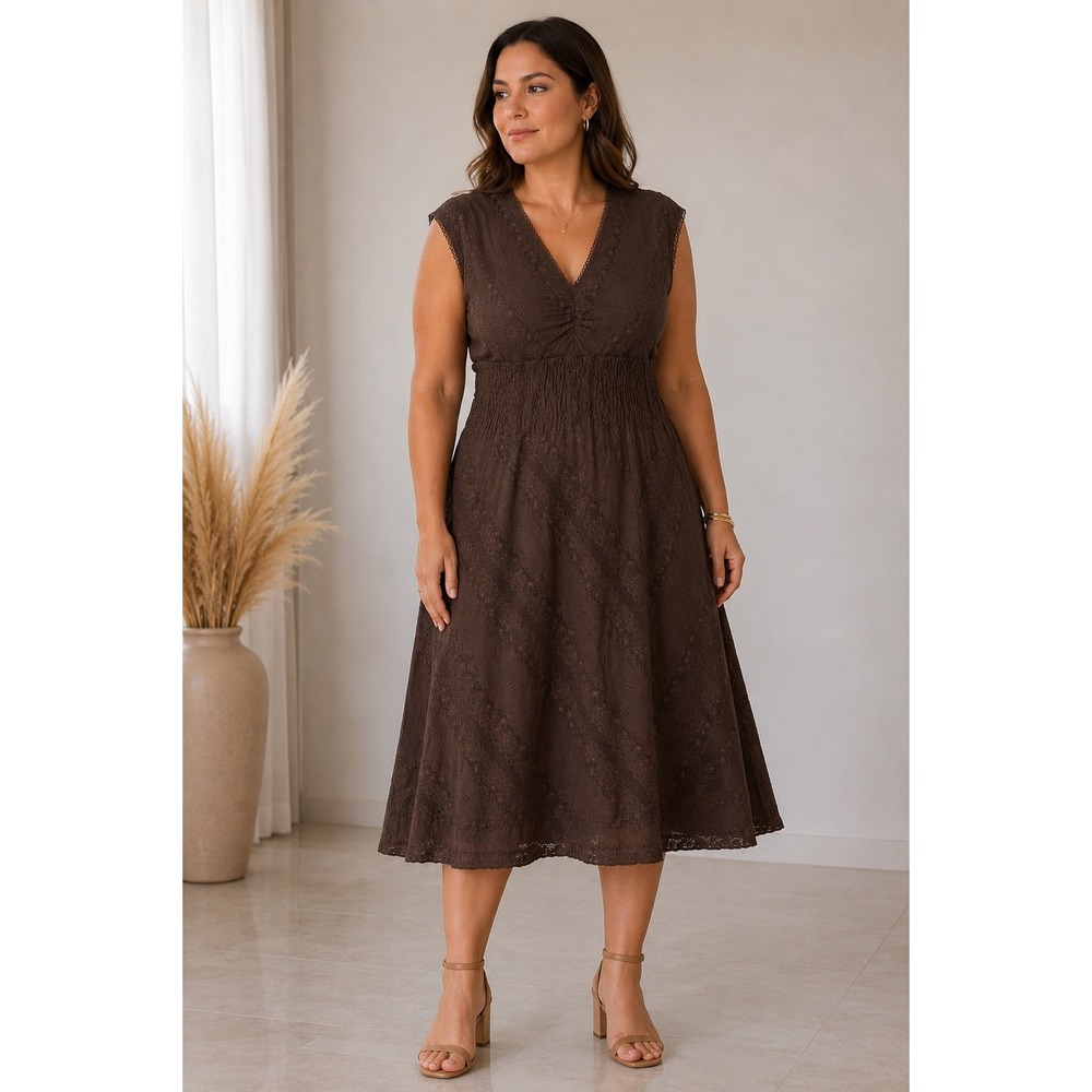 Chris McLaughlin Womens 16 Brown Lace V-Neck Smocked Waist Midi Cottagecore boho